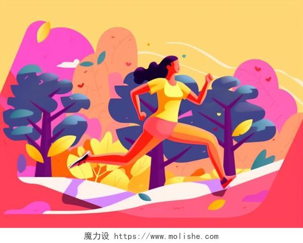 卡通手绘健身节插画想象夸张绚丽色彩人物奔跑纯色背景场景插画海报跑步健身